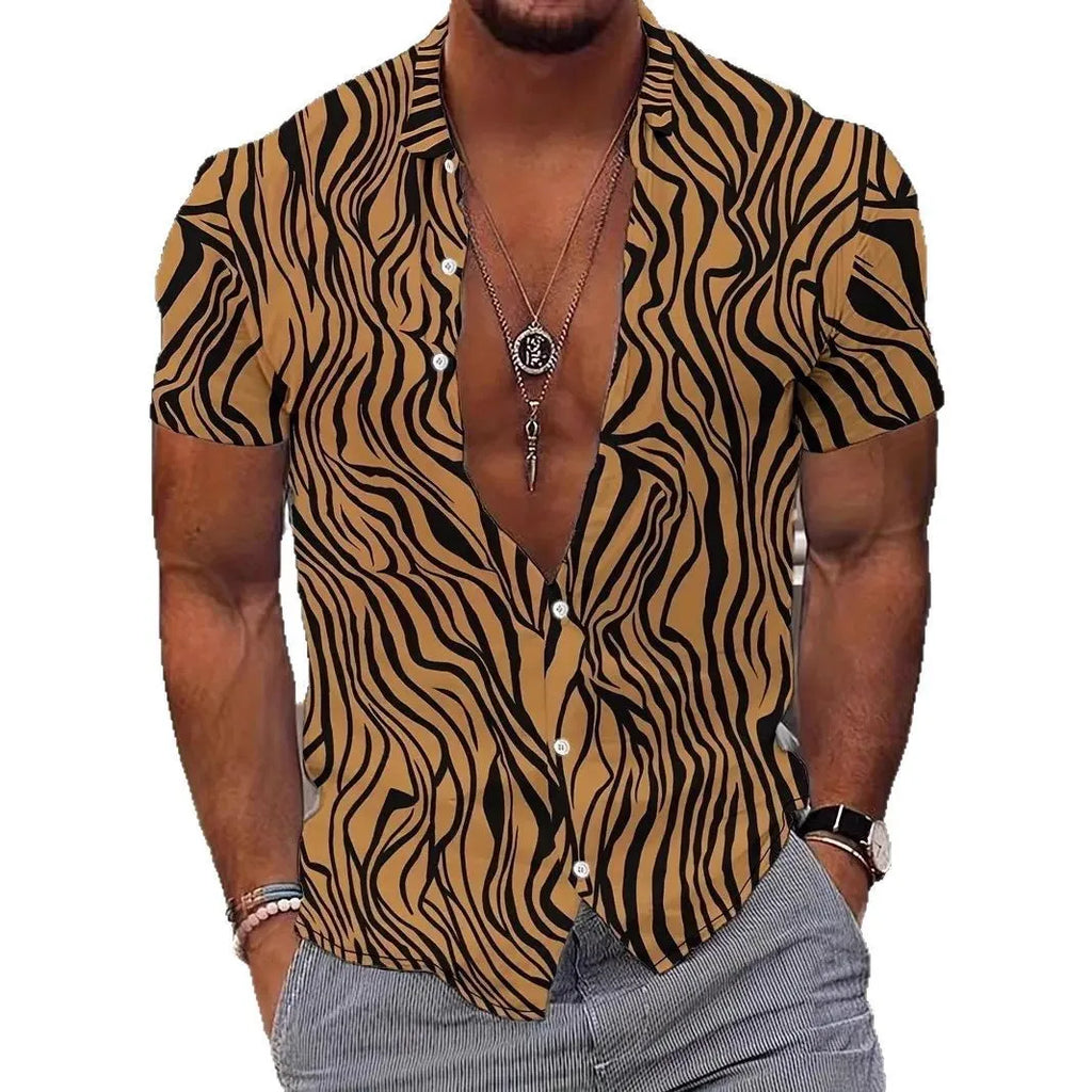 Men's geometric line lapel printing short sleeve shirt in slim fit summer styling