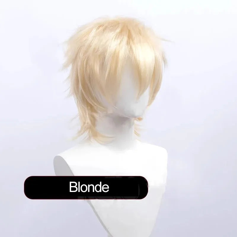 Short black and red anime cosplay wig for men with a lengthened hair tail.