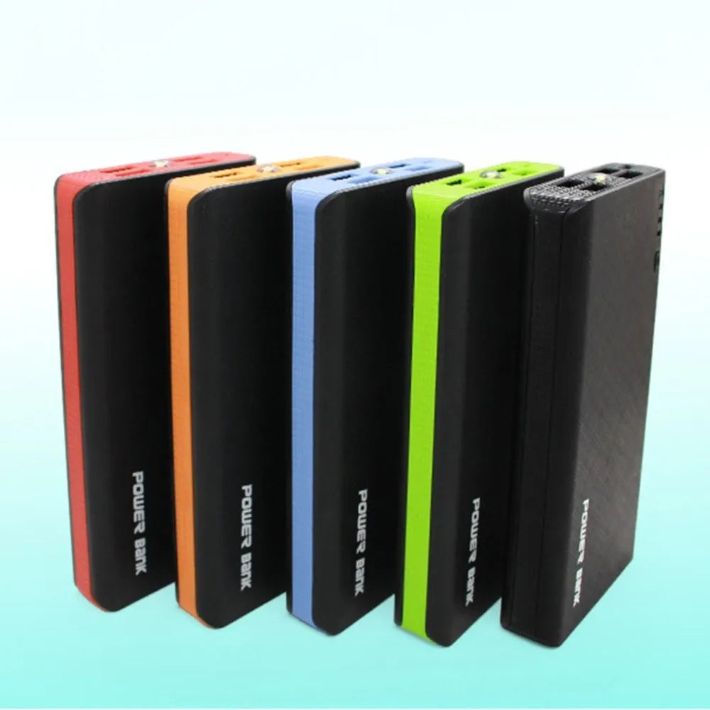 20000mAh portable power bank in five colour options showing front view with dimensions