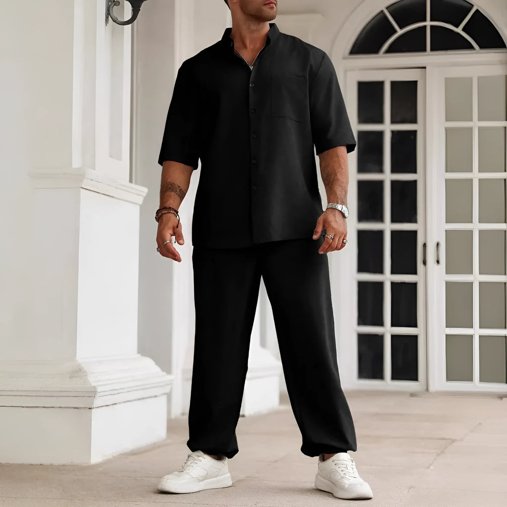 Men's casual cotton linen short-sleeved shirt and trousers set in apricot colour