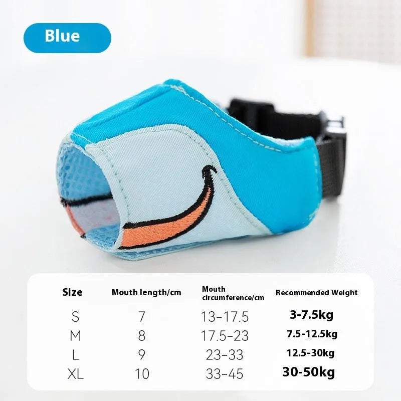 Canvas dog mouth cover in Ollie Brown Bear colour with weight-based sizing guide showing S, M, L, XL options