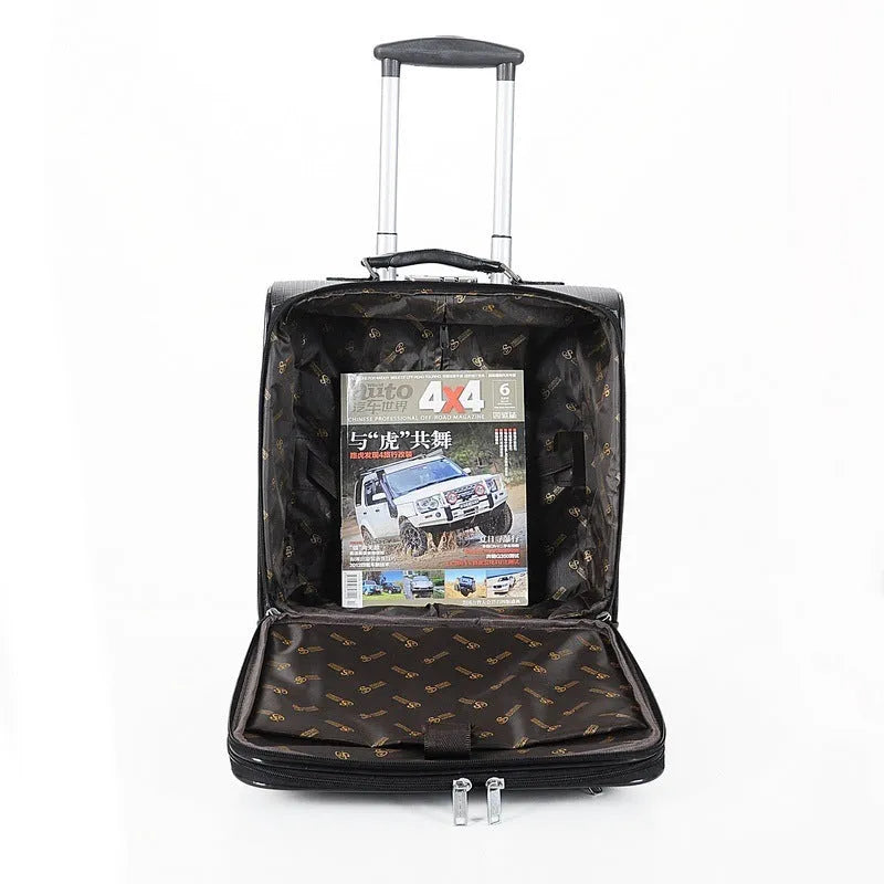 Black PU leather business case with wheels and retractable handle