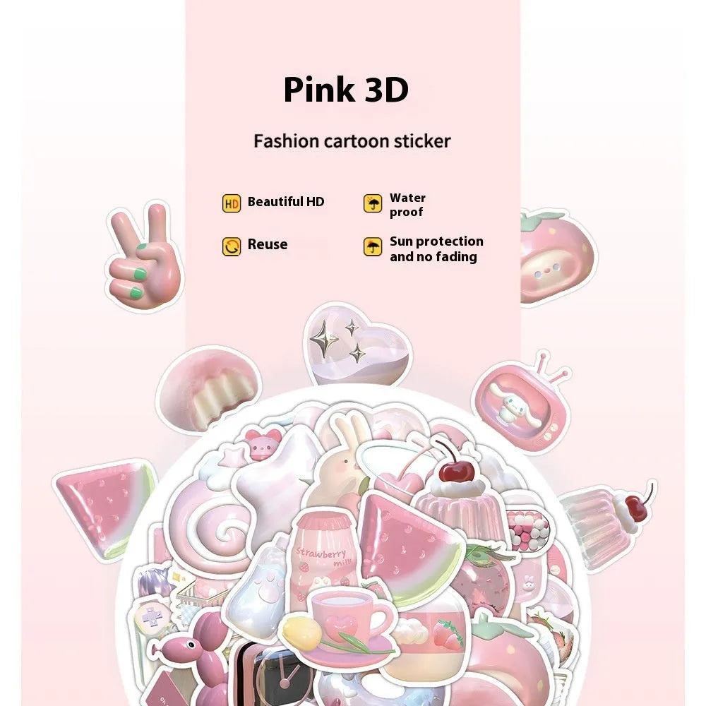 Pink 3D girl heart decorative stickers set of 63 pieces for craft projects