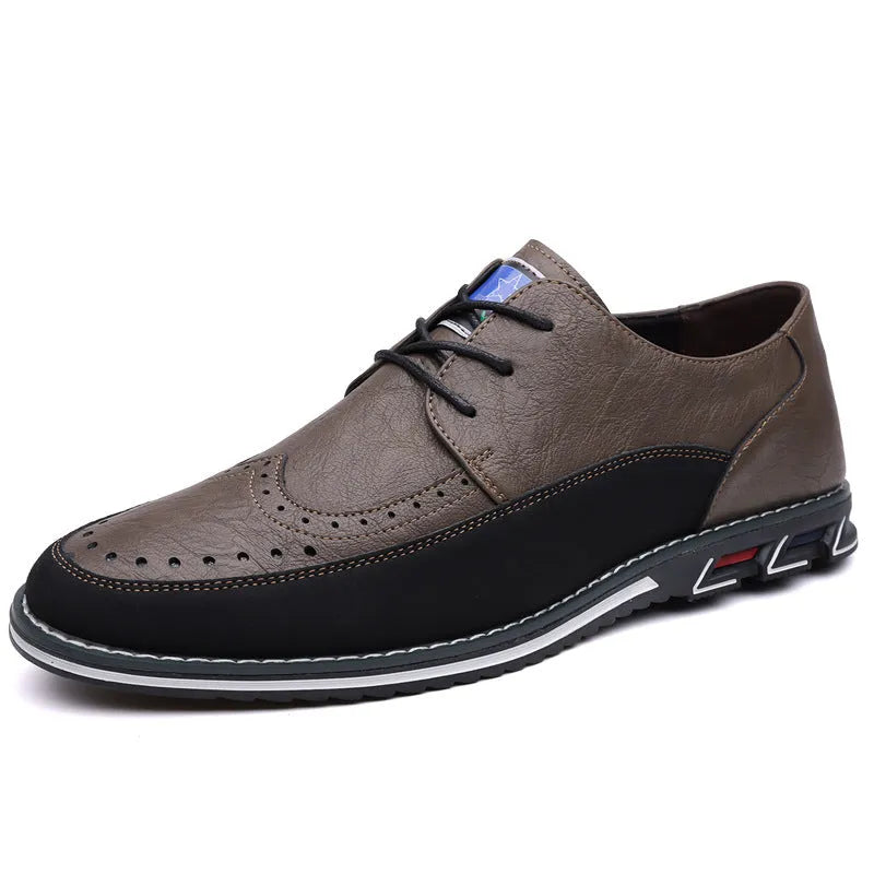 Men's low top leather casual shoe with rubber sole and leather toe cap in multiple colours.