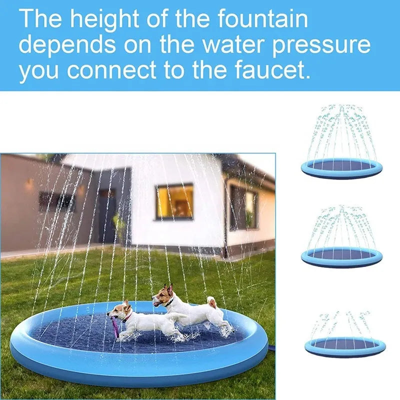 Inflatable blue dog sprinkler pool mat with anti-slip texture, connected to a garden hose in a garden.