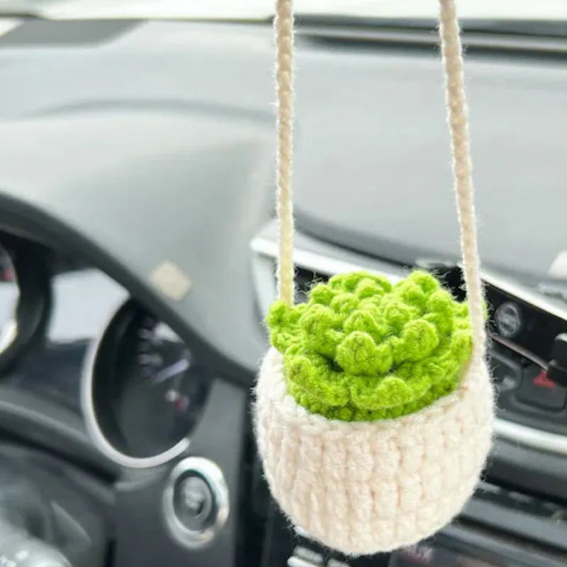 Knitted green and white car plant decoration with hanging rope