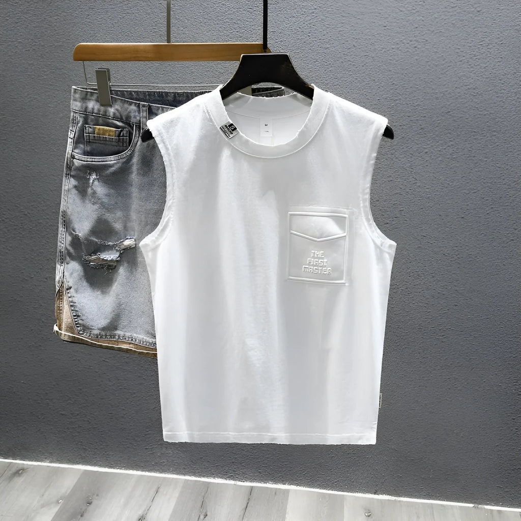 A man's solid black cotton sleeveless t-shirt with a loose fit and straight hem, laid flat.