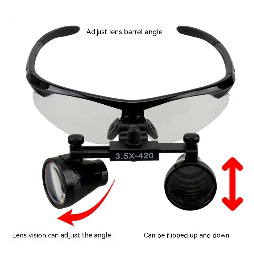 Black head-mounted magnifying glass with LED light on adjustable headband, showing large lenses for dental and close-up work.