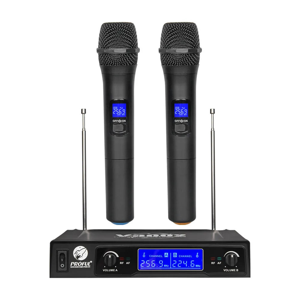 V-3002 black dual wireless microphone system with two handheld mics and transmitter unit