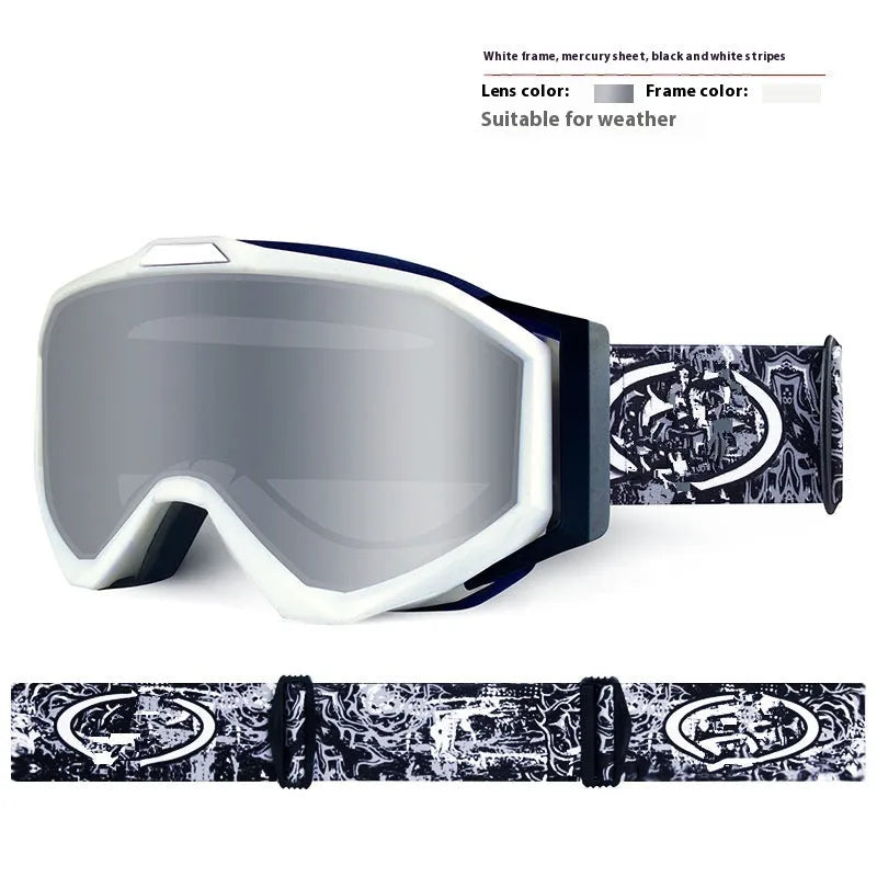 Motorcycle goggles with double-layer anti-fog lenses in a black frame with gray film, shown with its storage cloth bag.