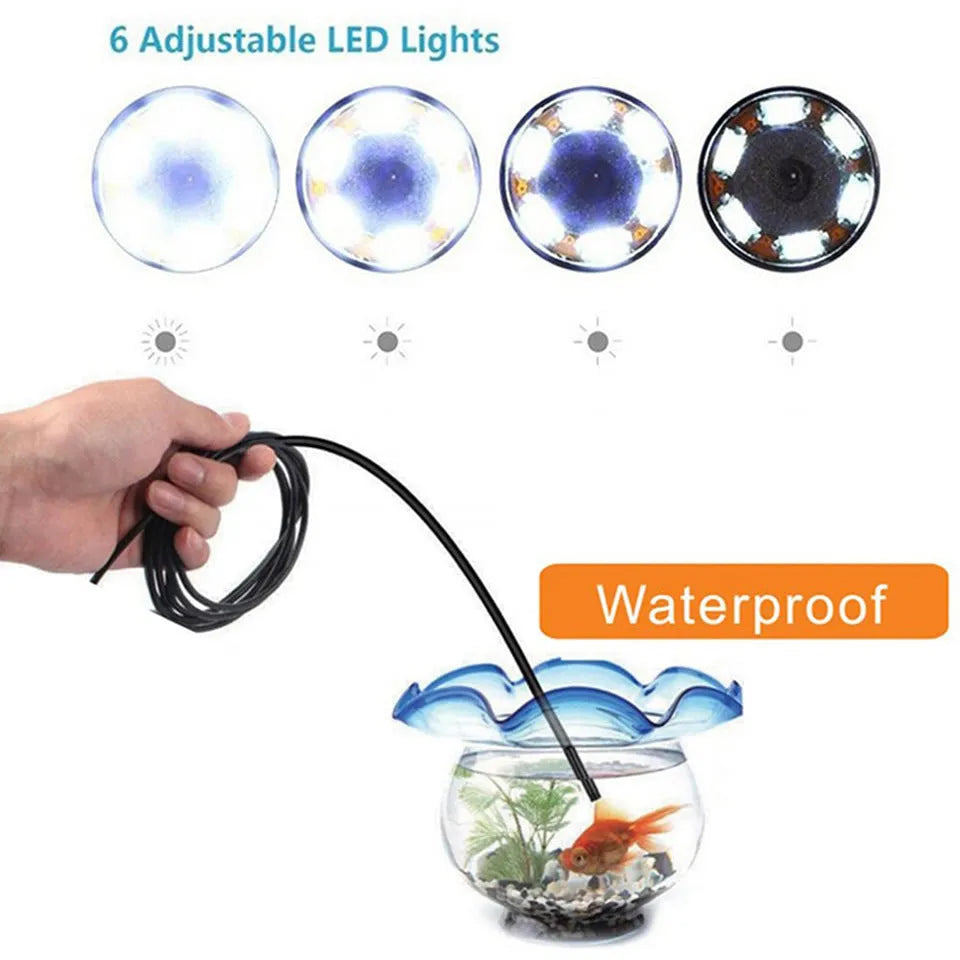 Android mobile phone endoscope with USB cable, waterproof IP67 camera head, and side mirror, hook, and magnet attachments.