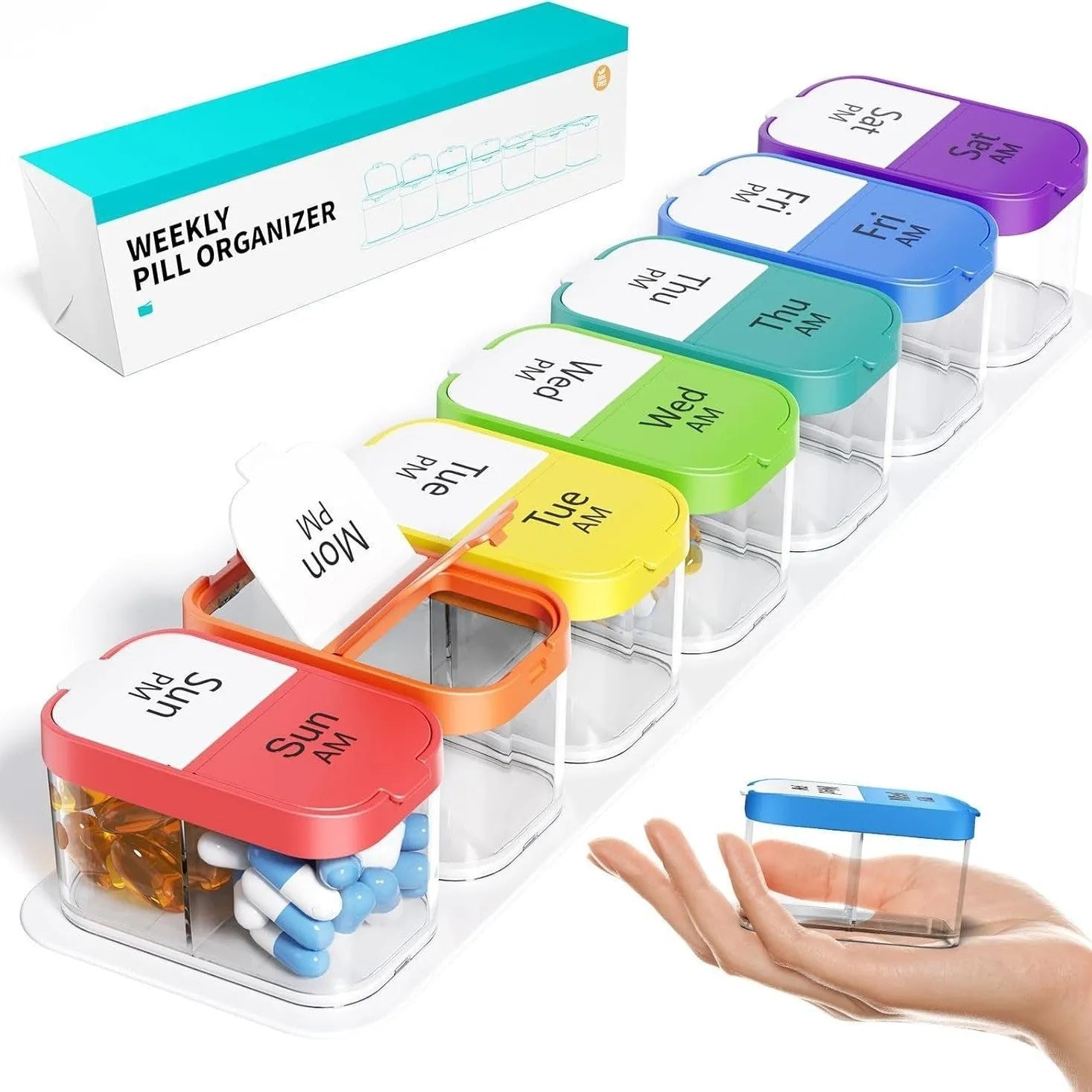 Amazon portable medicine dispenser with 14 removable compartments in rainbow colour option