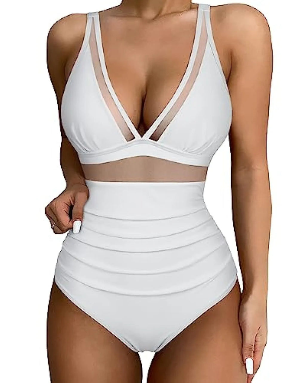 Women's high-waist one-piece swimsuit in polyester fibre available in multiple colours and patterns