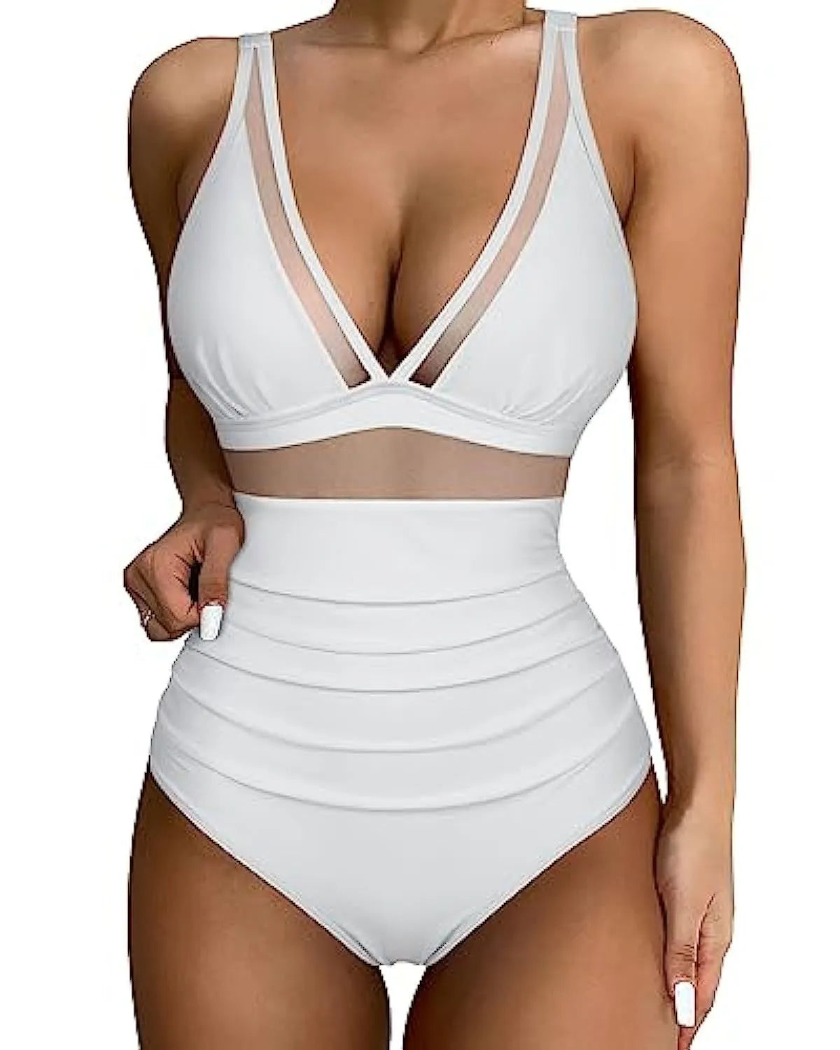 Women's high-waist one-piece swimsuit in polyester fibre available in multiple colours and patterns