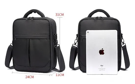 Black Oxford fabric men's messenger shoulder bag showing front view.