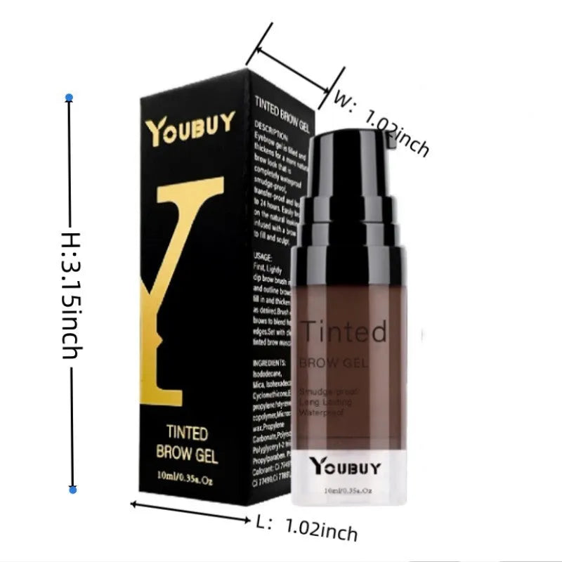 Waterproof brow cream tube in dark grey and golden yellow shades with applicator