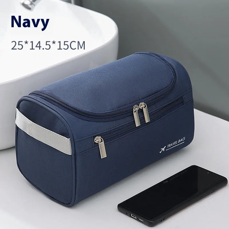 Large capacity waterproof cosmetic bag in PU leather or Oxford cloth, shown in beige colour.