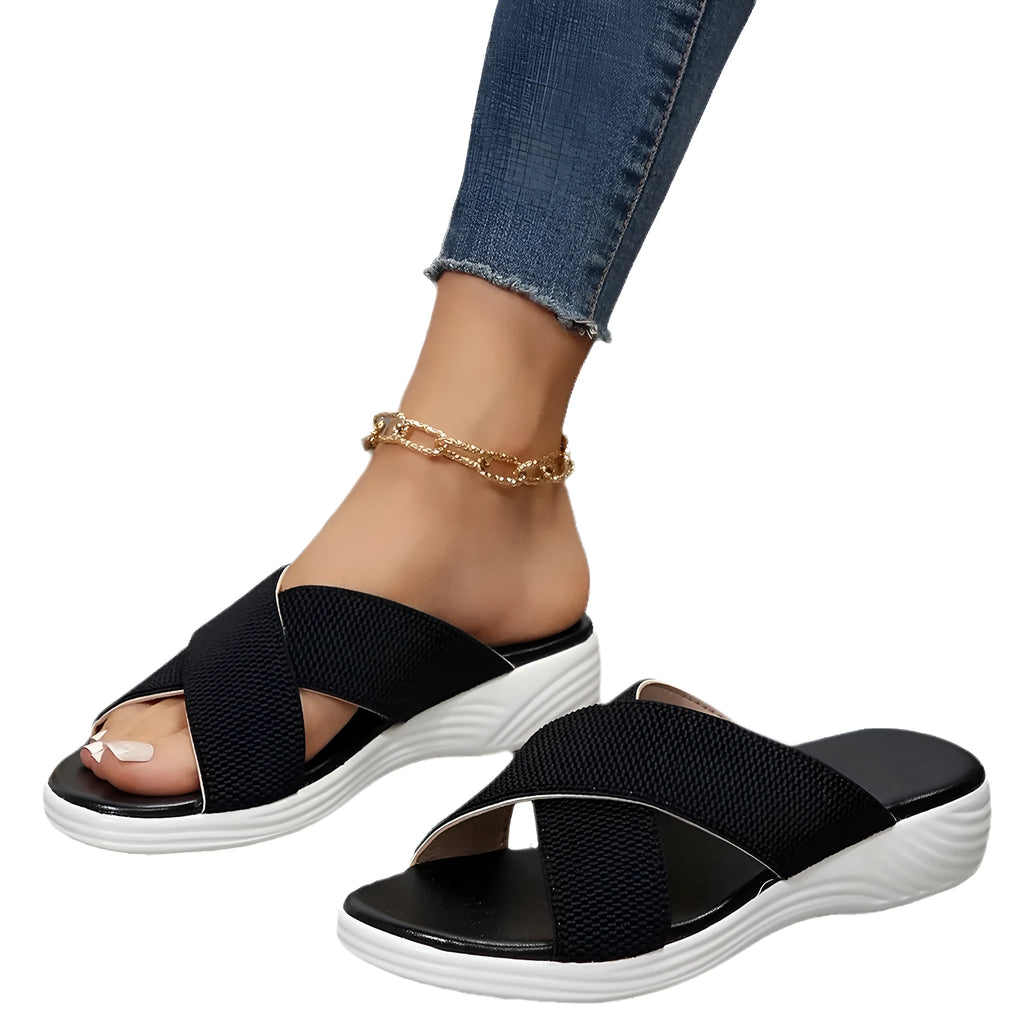 Women's black wedge slippers with cross strap and peep toe fish mouth design