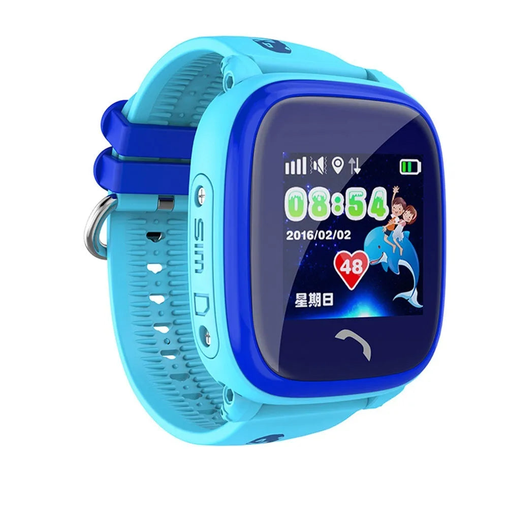 DF25 blue children's waterproof smart watch with touch screen and silicone strap showing SOS button