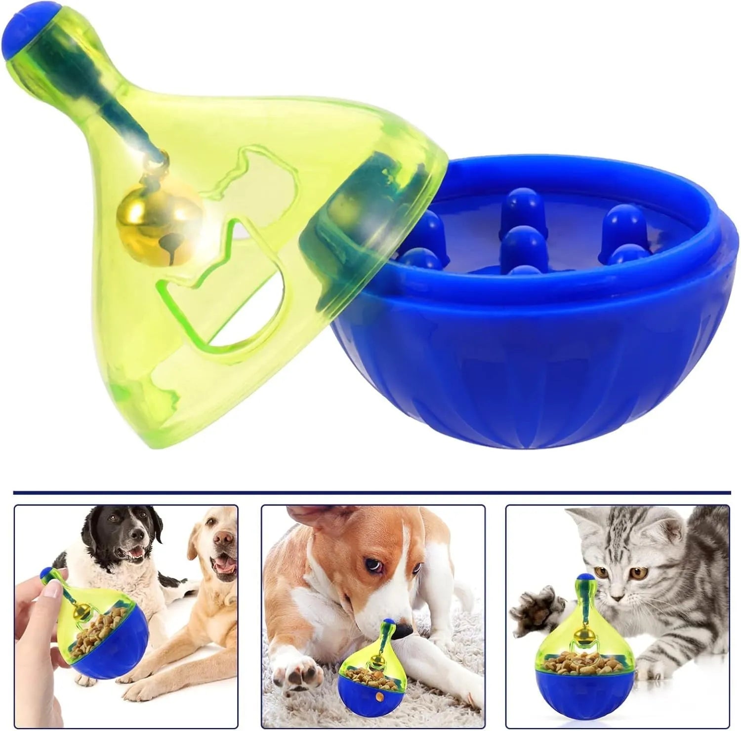 Interactive pet treat dispenser tumble ball toy measuring 14x10x10cm for dogs and cats