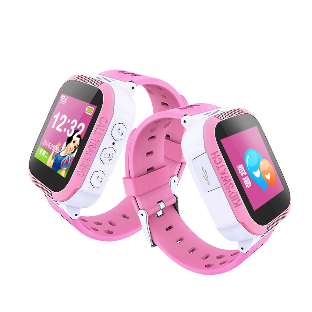Blue and pink children's phone watch with 1.44-inch IPS screen showing time display