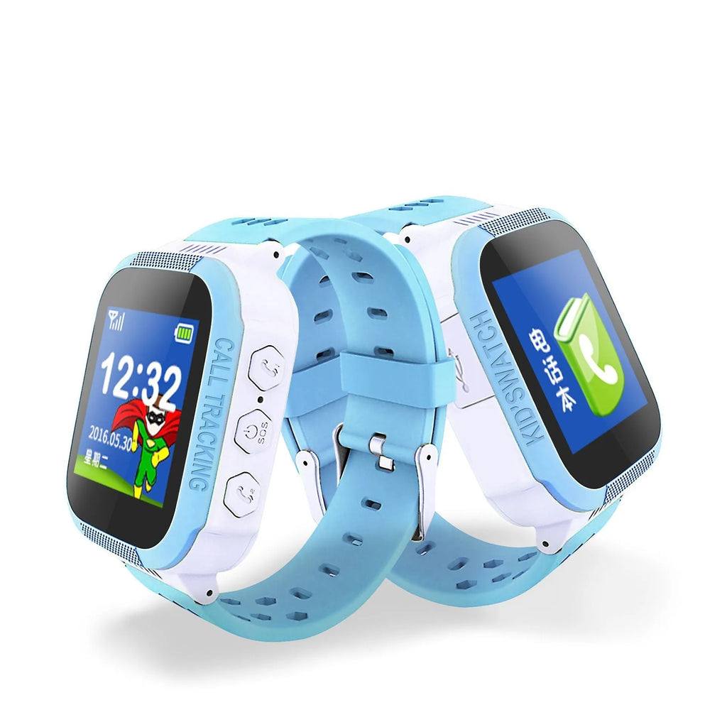 Blue and pink children's phone watch with 1.44-inch IPS screen showing time display