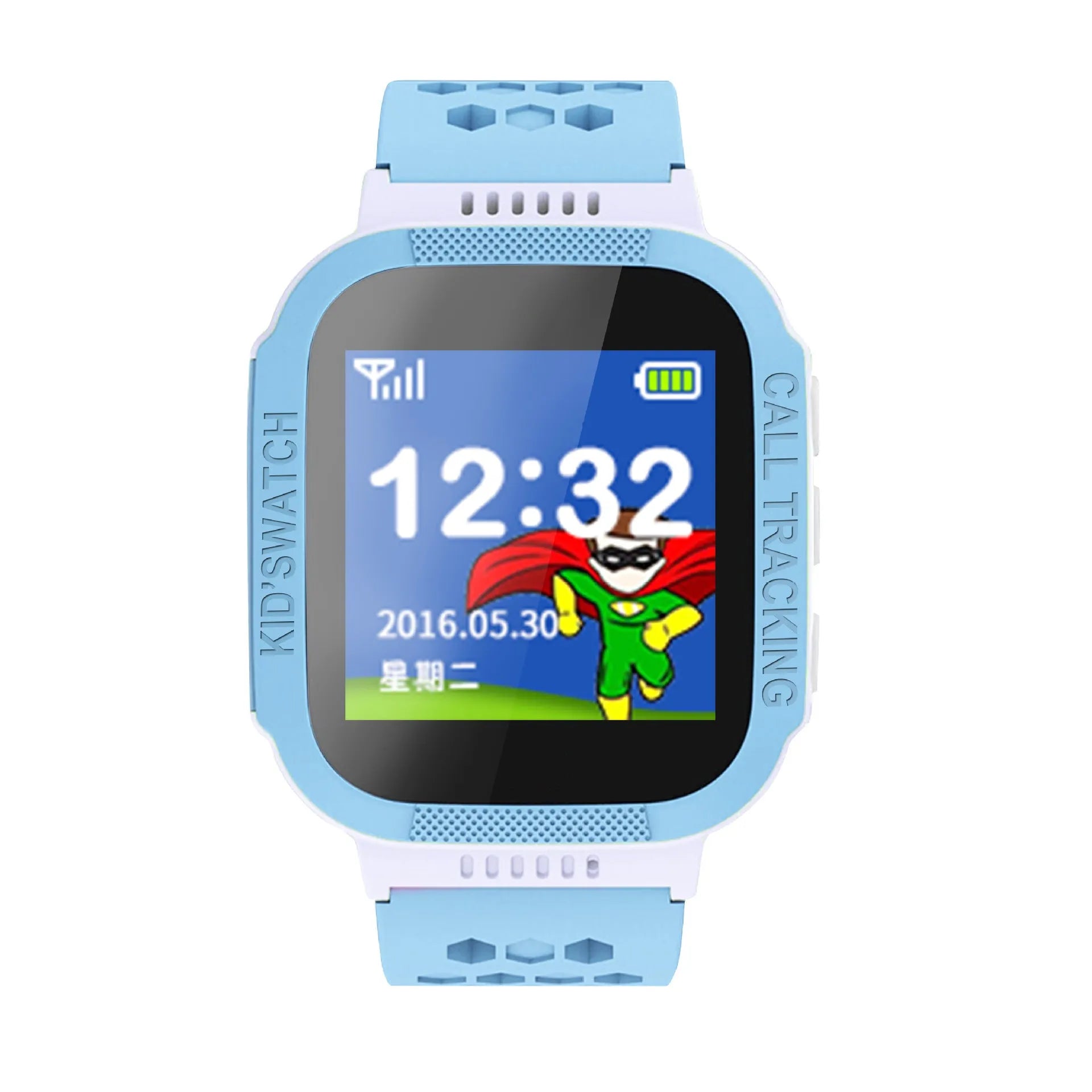 Blue and pink children's phone watch with 1.44-inch IPS screen showing time display