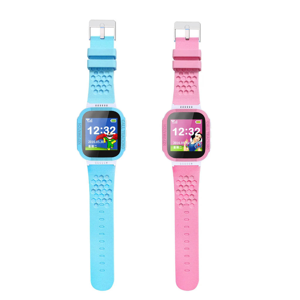 Blue and pink children's phone watch with 1.44-inch IPS screen showing time display
