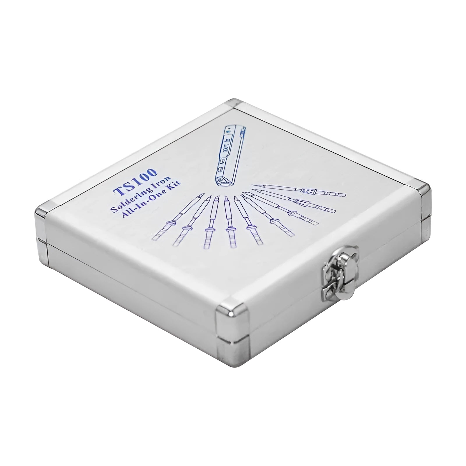 Silver aluminium storage box for soldering iron tools measuring 154x147x36mm