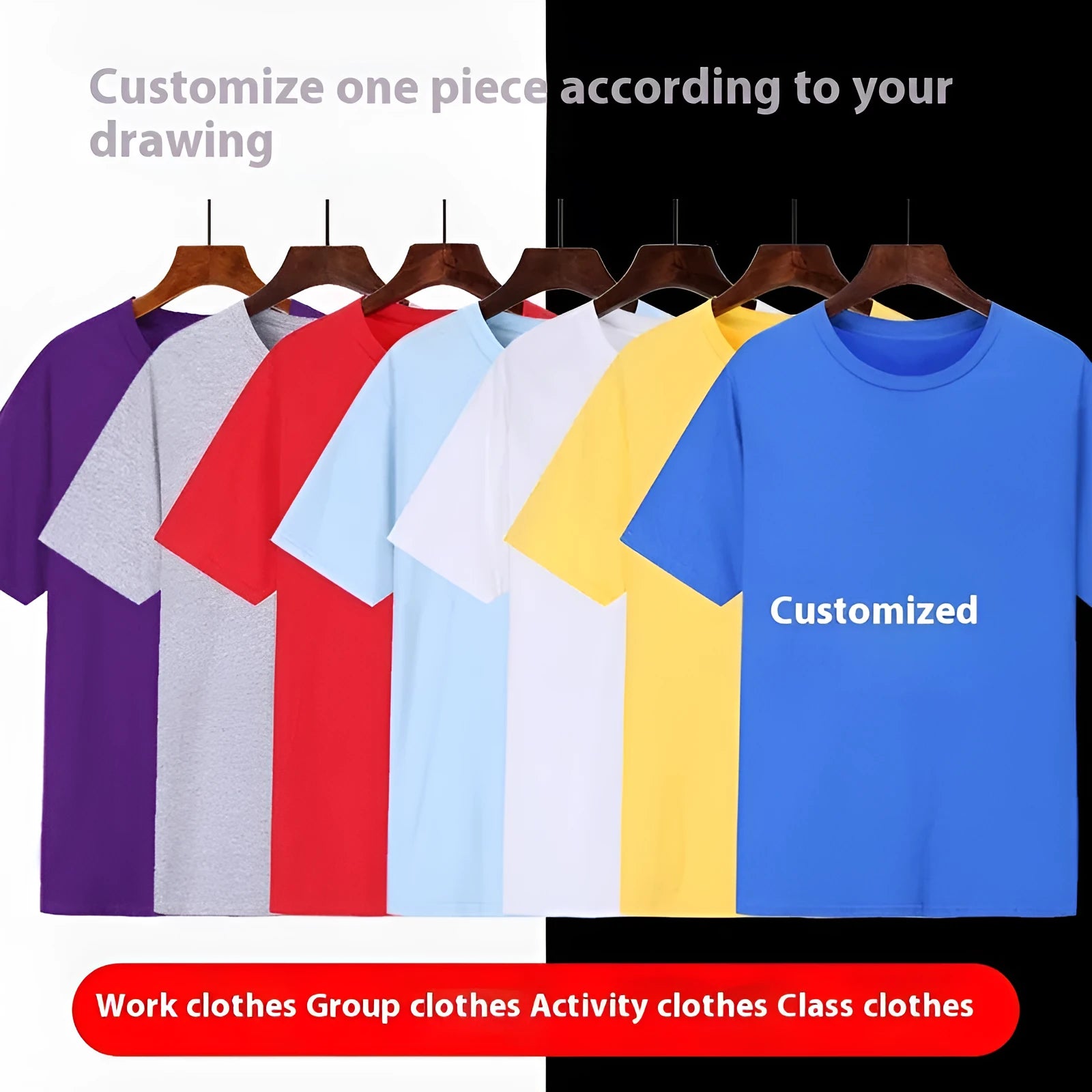 Men's loose fit cotton t-shirt in black, shown on a hanger. Other colour options include blue, white, red, orange, purple, and yellow.