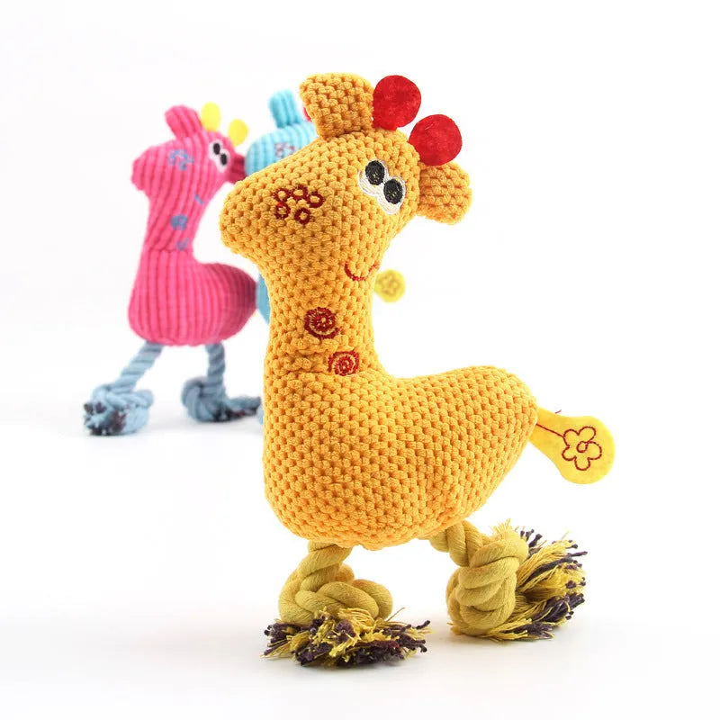 Blue deer-shaped plush dog toy with corn grain texture on a white background.