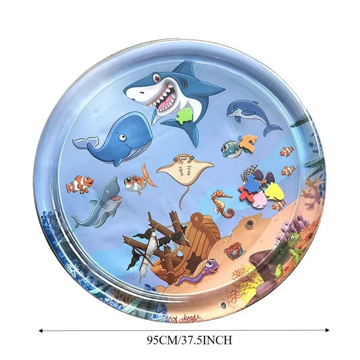 Square blue ocean-themed PVC water play mat for cats with floating fish toys inside, shown on a floor.