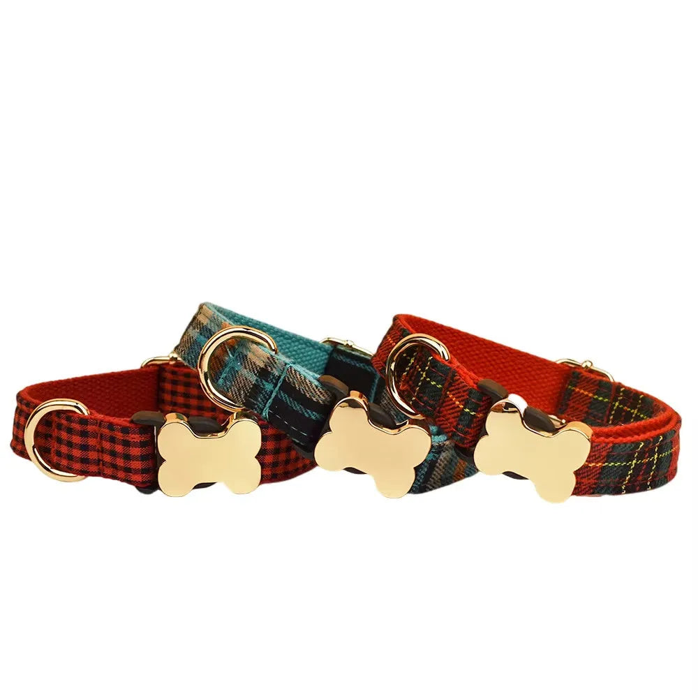 Flat nylon dog collar with bone buckle and printed grid design in multiple colour options.