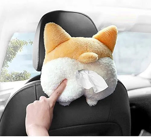 Yellow soft plush Corgi butt shaped tissue box cover with elastic strap for car visor.