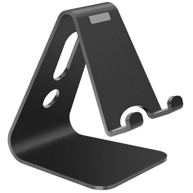 Aluminium alloy universal phone and tablet stand in silver colour on a wooden desk.