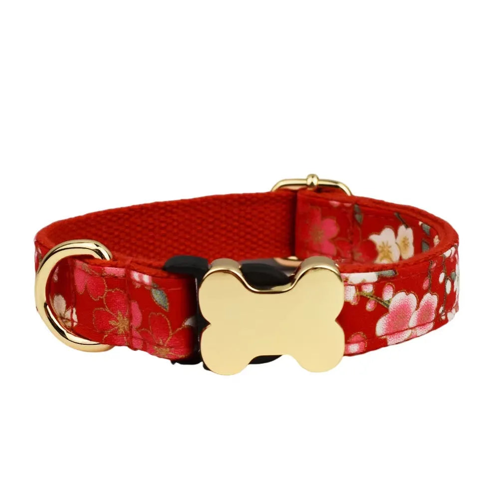 Flat nylon dog collar with bone buckle and printed grid design in multiple colour options.