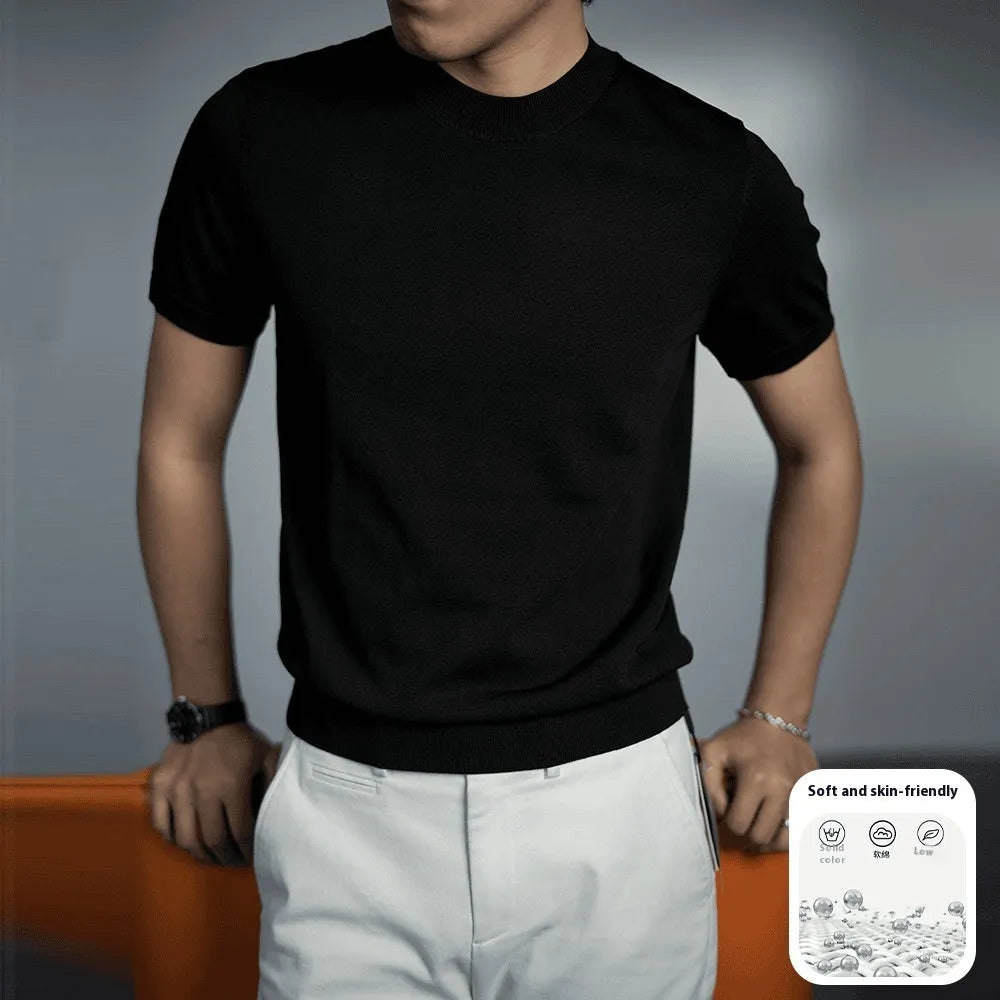 Men's knitted round neck short sleeve T-shirt in business casual style with non-ironing polyester blend fabric