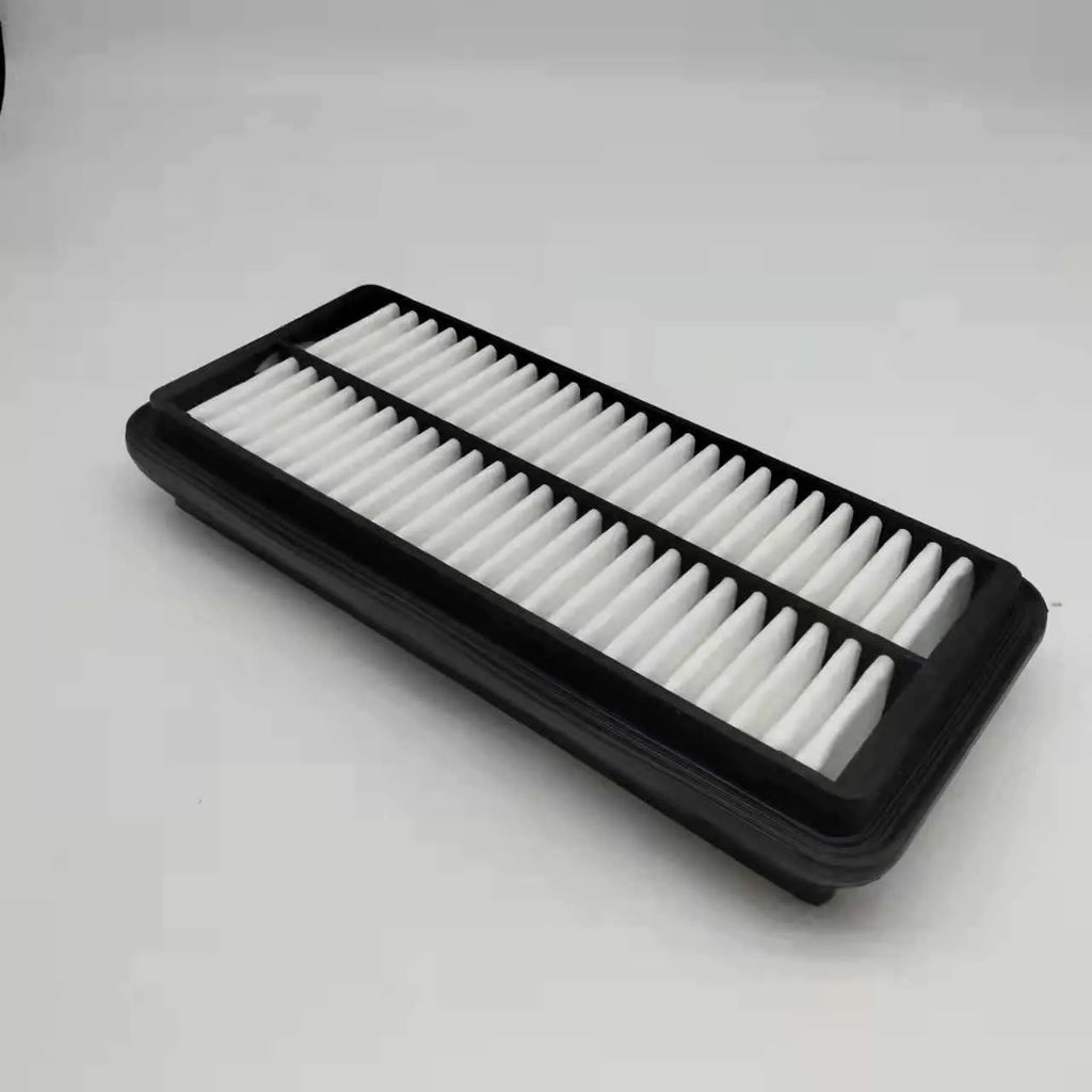 Black rectangular car engine air filter with dimensions 256mm by 113mm by 40mm.