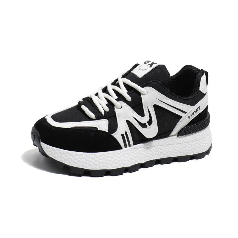 Women's black platform sports casual shoes with round toe and front lace-up closure on flat background