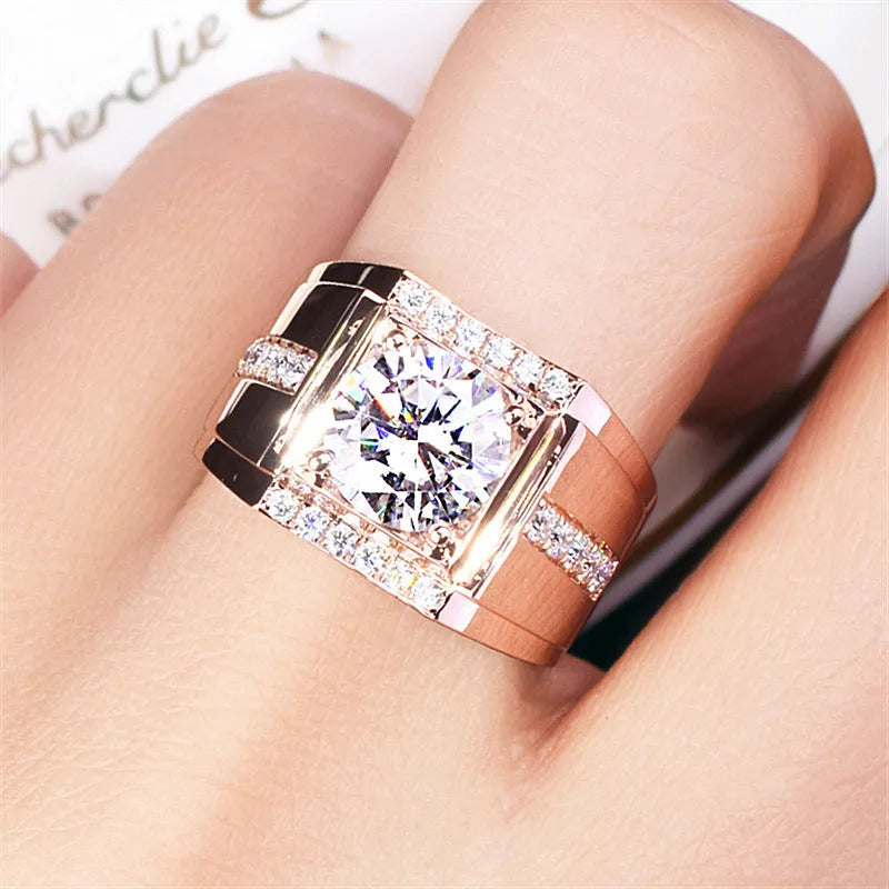 Men's adjustable ring with geometric diamond zircon design in electroplated metallic finish