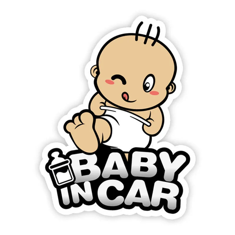 Baby On Board reflective car sticker showing baby character designs with feeding bottle, measuring specific centimetre dimensions