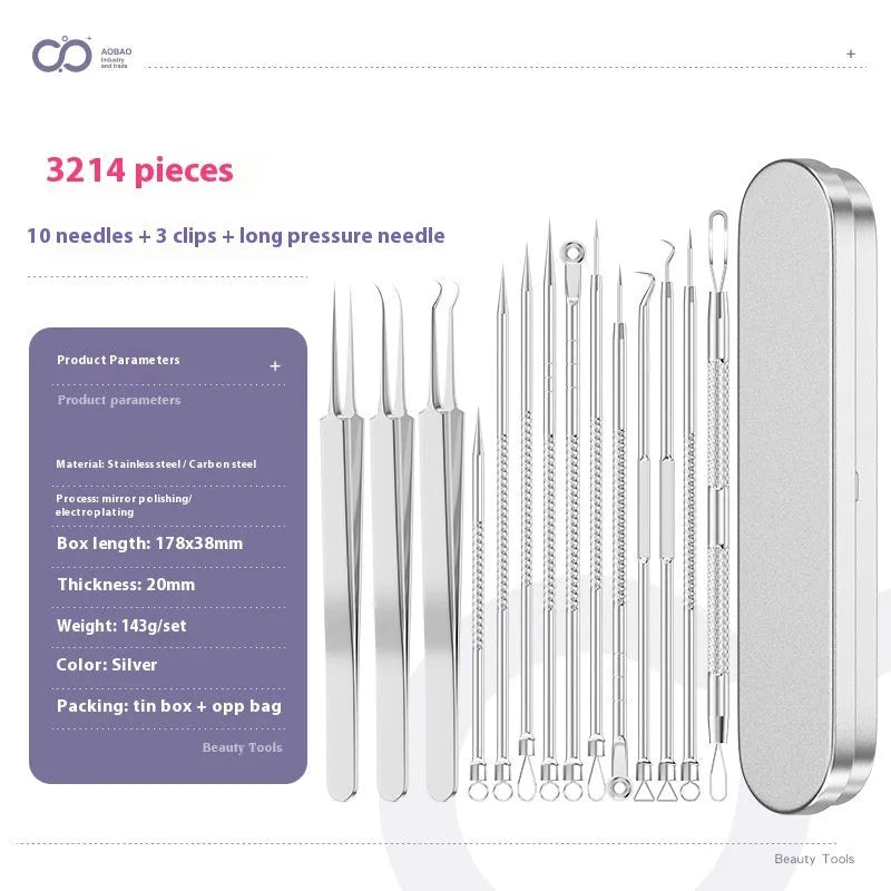 4-piece metal acne needle set with ultra fine pointed tips on silver background