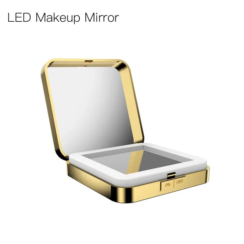 Makeup mirror with dual-sided design showing 4x magnification mirror and adjustable LED lighting system in black colour option