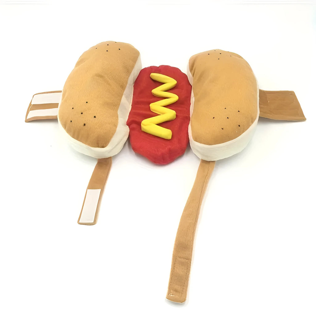 Funny hot dog costume for small dog with elastic belly strap and hook-and-loop fastener