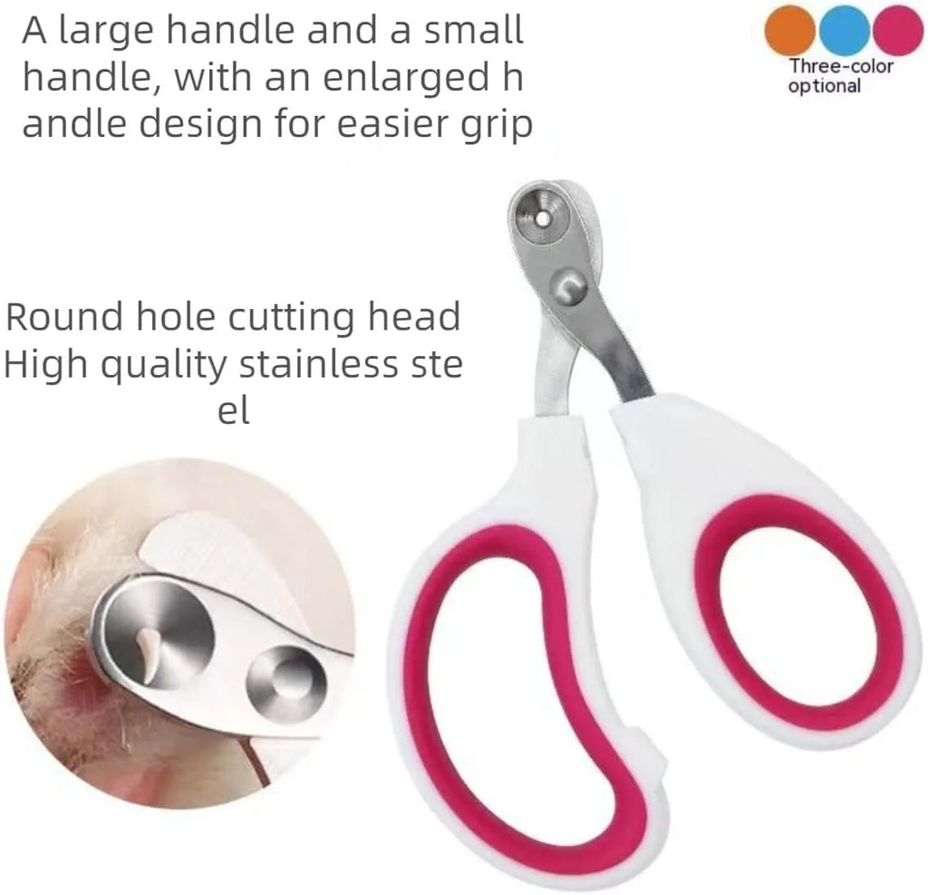 Blue pet nail clippers with circular cutting hole and non-slip handles on a white background.