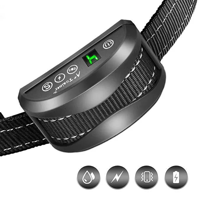 Electronic dog training bark collar with digital display and adjustable reflective nylon strap.