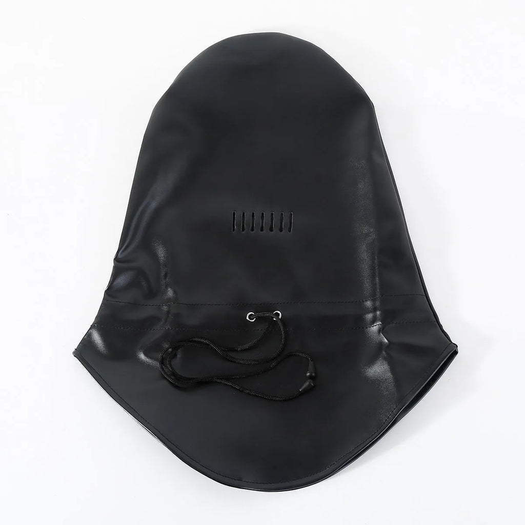 Black leather headgear mask with adjustable straps for adult training and roleplay