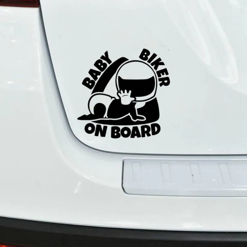 Black and white reflective Baby On Board car sticker shown at 14.5 by 15 cm size.