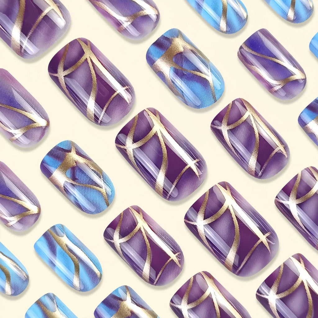 Purple striped nail art stickers in mid-length European American style on a fingernail.