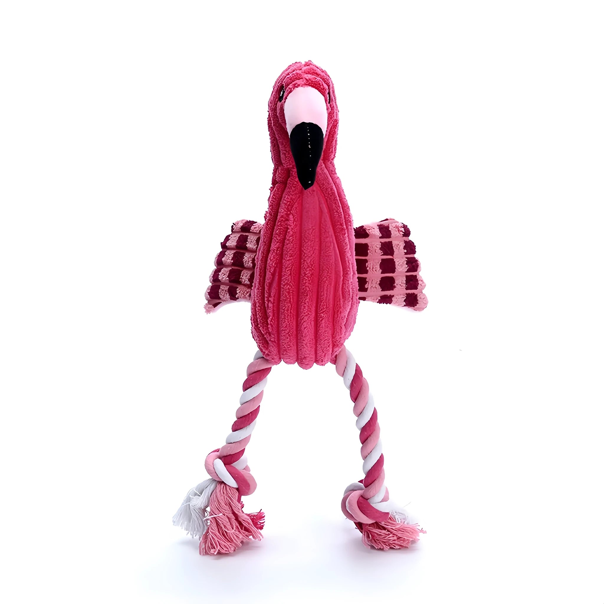 Pink rabbit-shaped corduroy plush dog toy with squeaker inside